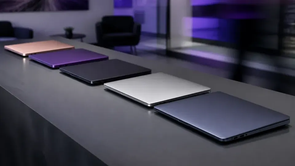 Closed laptops and folders laid out in a row on a long office desk.