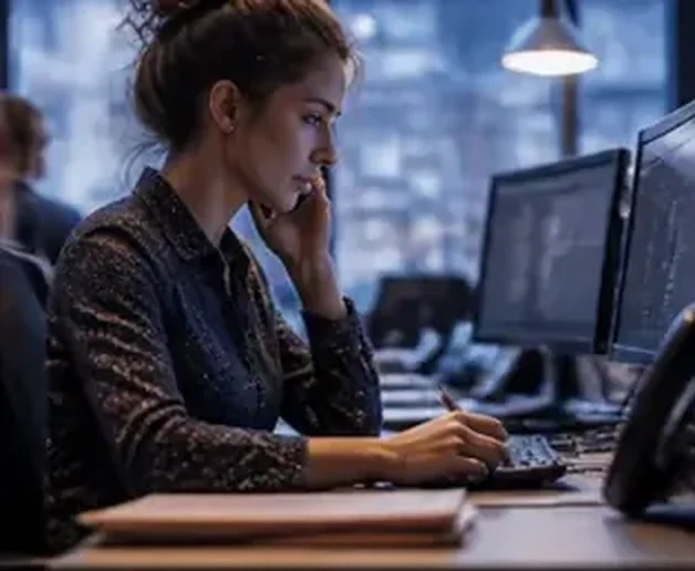 A press officer at a desk takes a call while reading from two screens.
