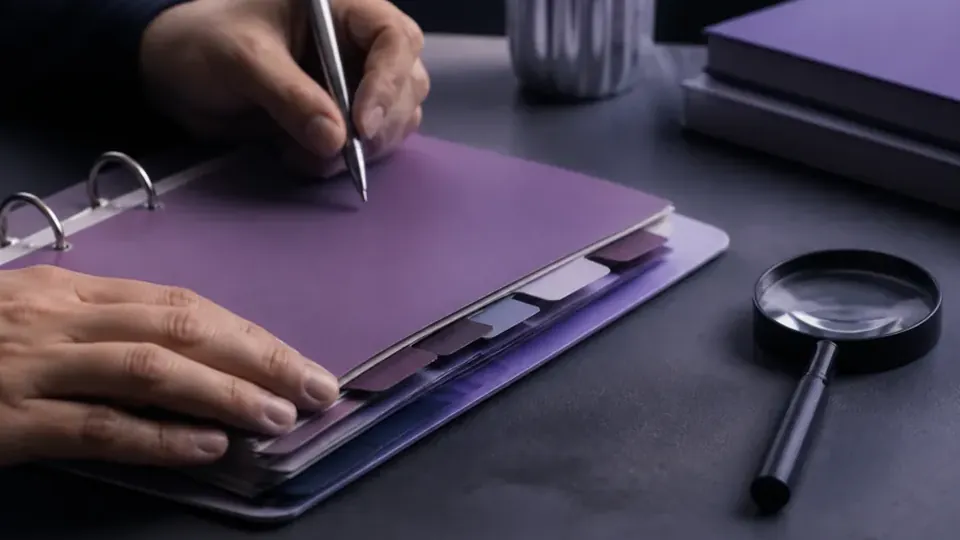 A hand writes on a tabbed file in a ring binder, with a magnifying glass beside it.